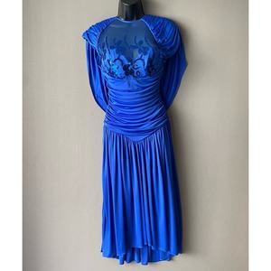 Climax by Karen Okada sz 8 Blue Sequin Sheer Midi Vintage‎ Cocktail Dress